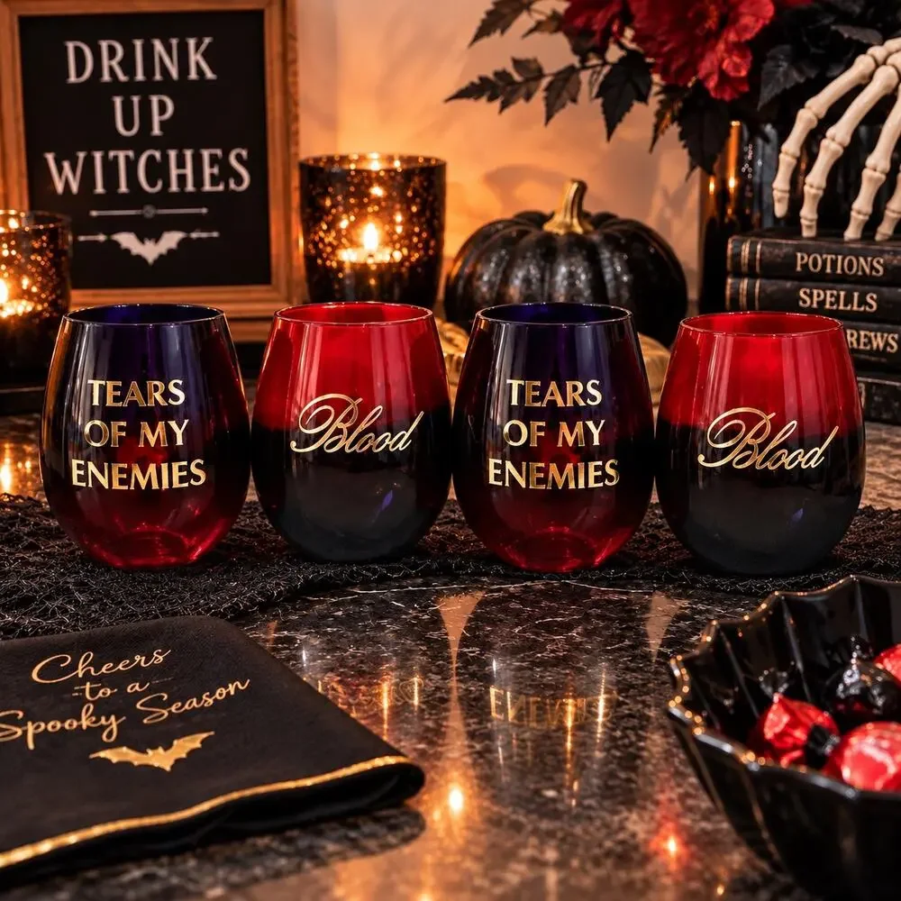 Halloween Ombre Stemless Drinkware Glasses Set of 4 Blood Tear